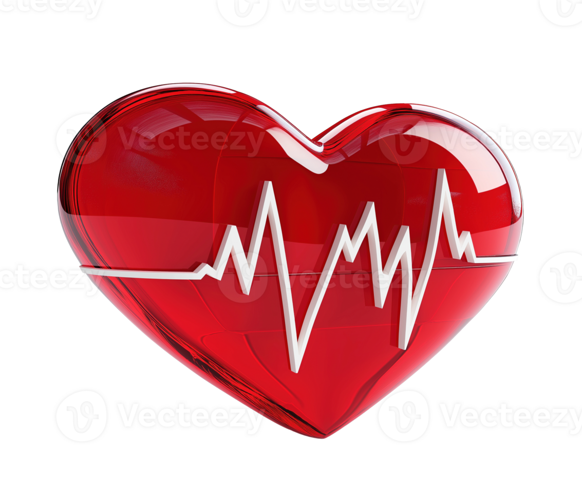 Glass red heart with white electrocardiogram line transparent image. Cardiac checkup pulse isolated cutout 3d render. Cardiovascular awareness cut out clipart design element png