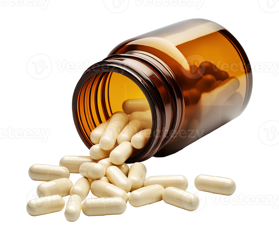Brown pharmaceutical bottle spilling white capsules transparent image. Health supplements isolated cutout 3d render. Medical treatment container cut out clipart design element png