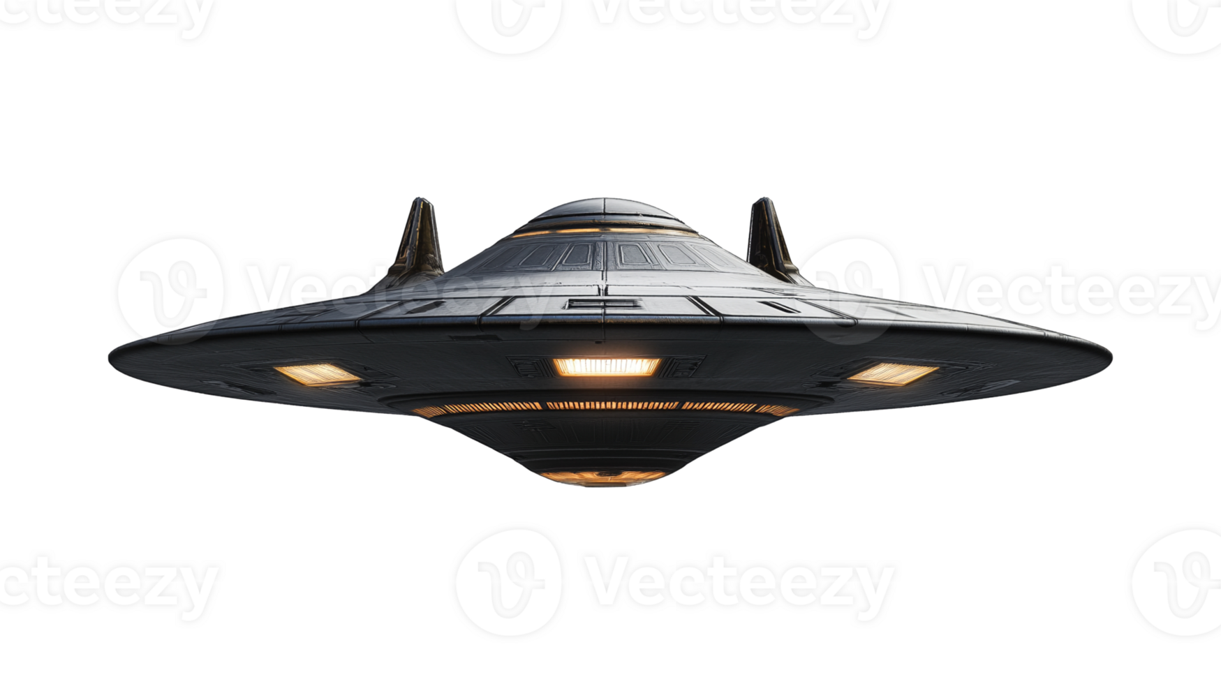 Futuristic UFO spaceship with illuminated underside image isolated transparent. Advanced spacecraft cut out photo . Unidentified extraterrestrial object cutout element photography png