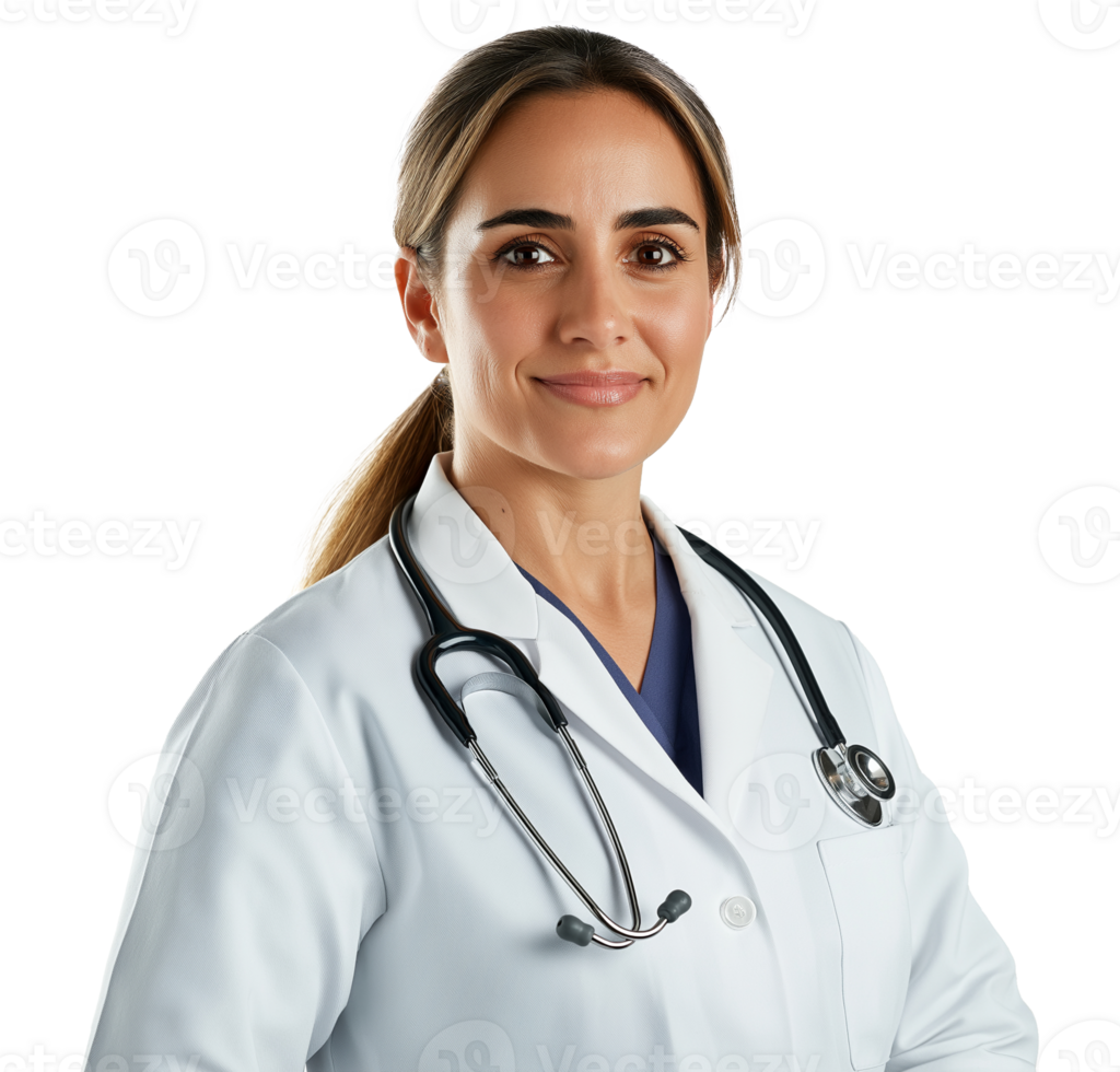 Professional caucasian female doctor with stethoscope image isolated transparent. White coat general practitioner woman cut out . Healthcare provider cutout photography png
