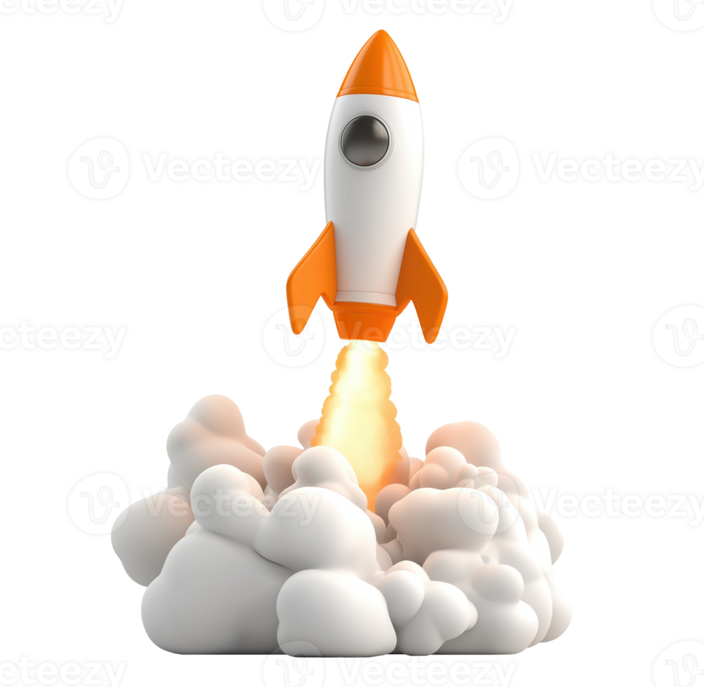 Cartoon rocket launch with smoke and fire transparent image. Space travel. Technology growth. Spaceship isolated cutout 3d render. Business startup cut out clipart design element png