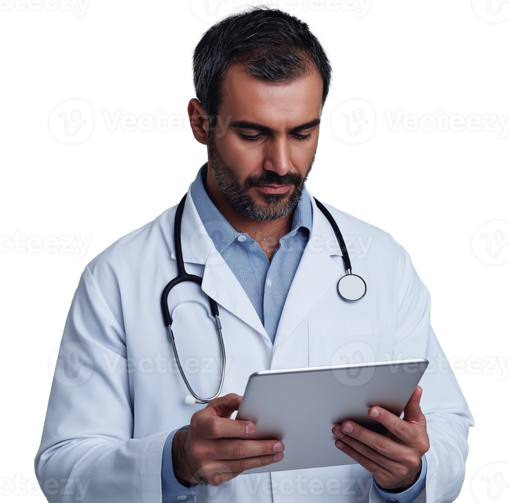 Middle aged male doctor analyzing digital records image isolated transparent. Stethoscope medic concentrating on tablet cut out . Healthcare provider cutout photography png