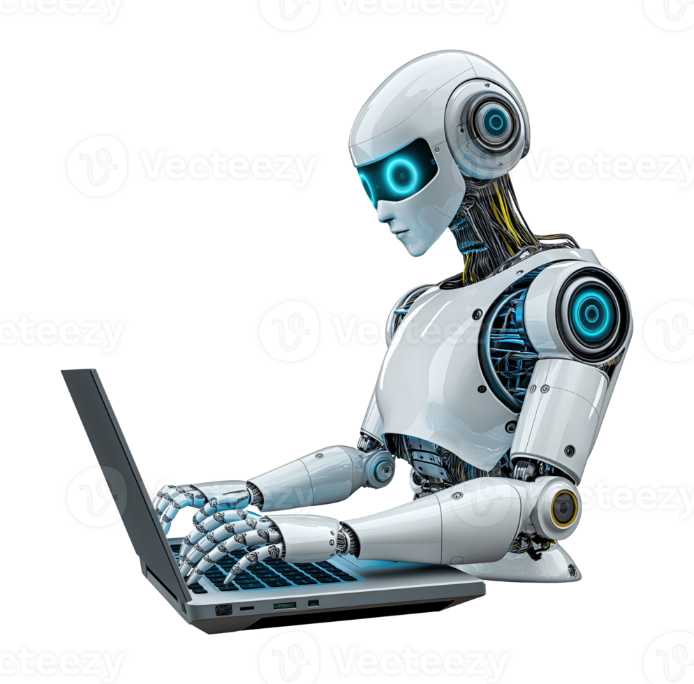 Humanoid robot working on laptop transparent image. Robotic assistant isolated cutout 3d render. Smart technology workspace, intelligent machine cut out clipart design character png