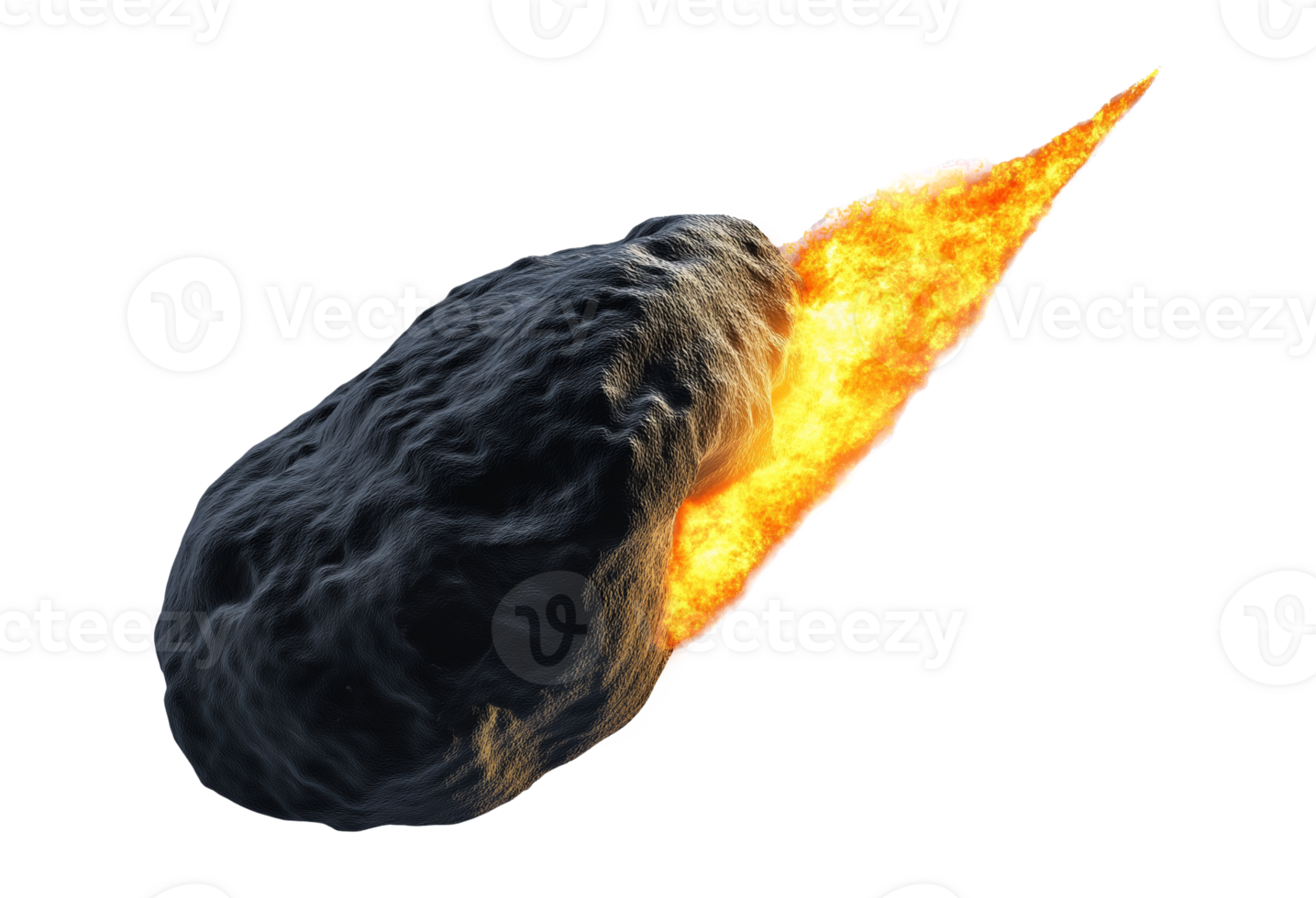 Massive meteor with fiery tail streaking through space image isolated transparent. Cosmic danger asteroid cut out photo . Celestial body. Comet rock cutout element object photography png