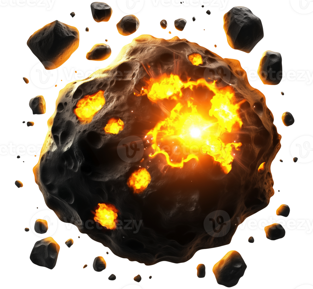 Exploding asteroid in deep space image isolated transparent. Fiery meteor breaking into multiple fragments cut out photo . Celestial body cutout element object photography png