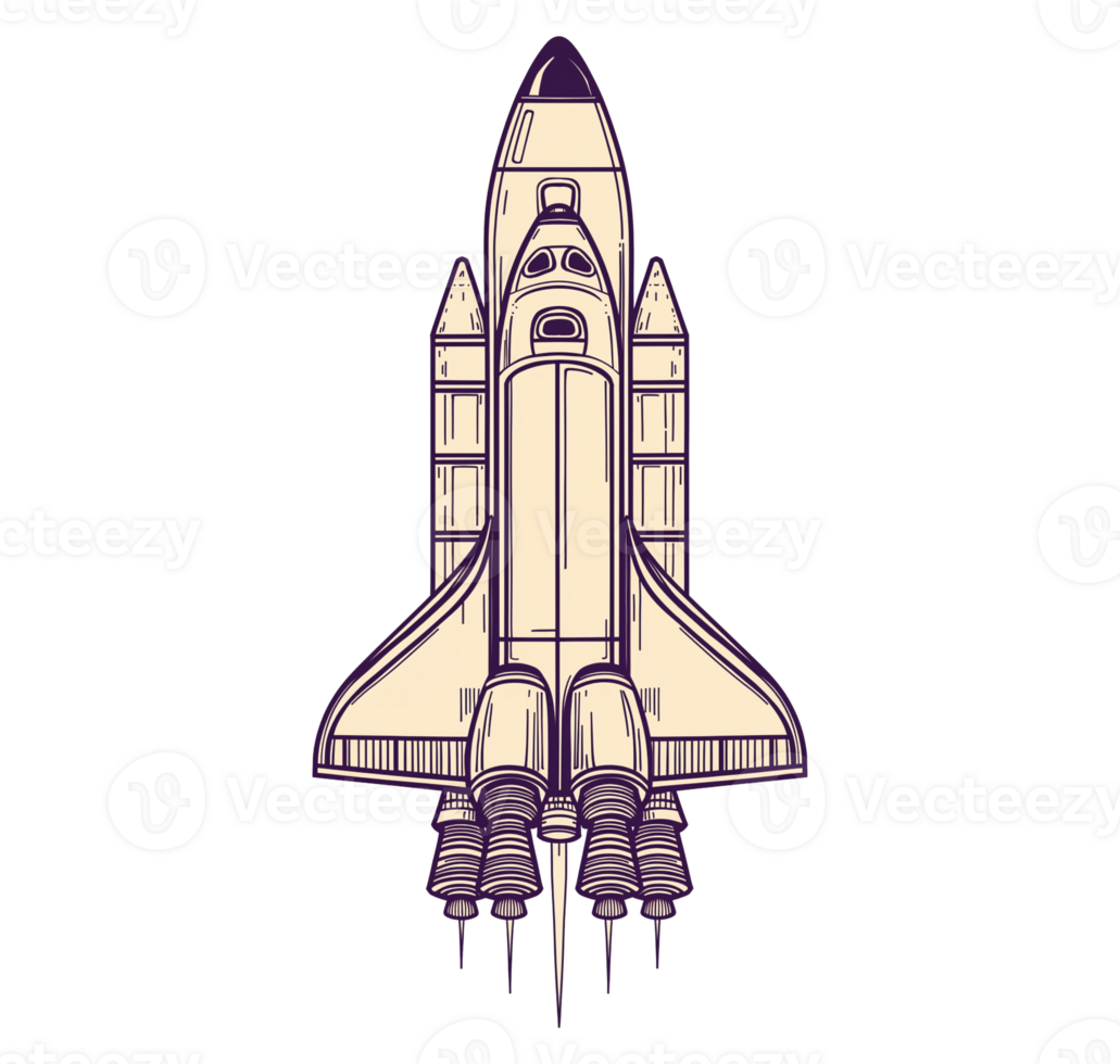 Vintage space shuttle line drawing transparent image. Launch spacecraft engines, fuel boosters isolated cutout. Spaceship engineering blueprint cut out clipart design element png