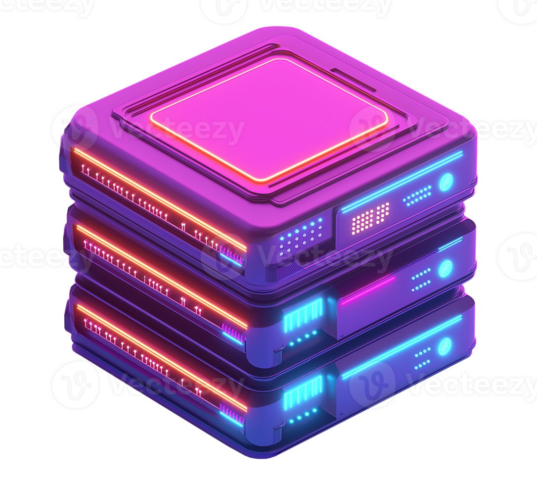 Futuristic AI processing unit stack image isolated transparent. Next-generation computing cut out photo . Machine intelligence. Cyberpunk hardware cutout element object photography png