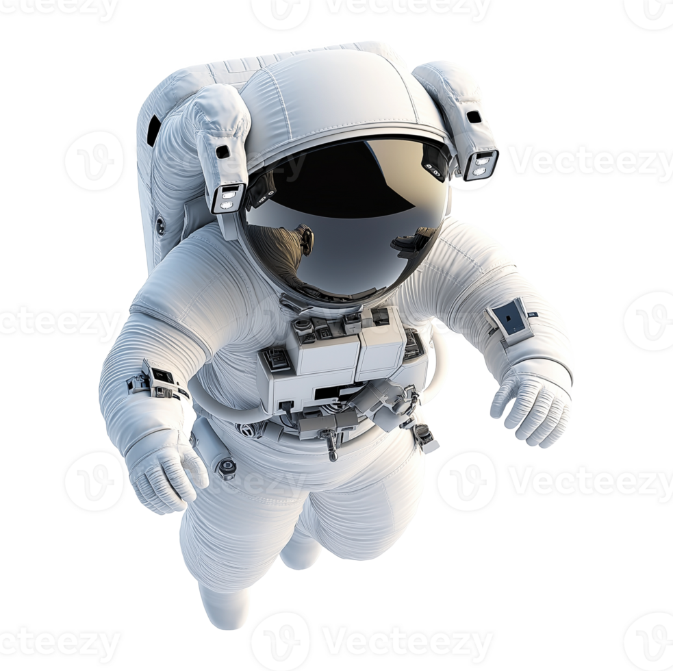 Spaceman floating in space transparent image. Astronaut wearing white spacesuit in weightlessness isolated cutout 3d render. Cosmonaut zero gravity cut out clipart design character png