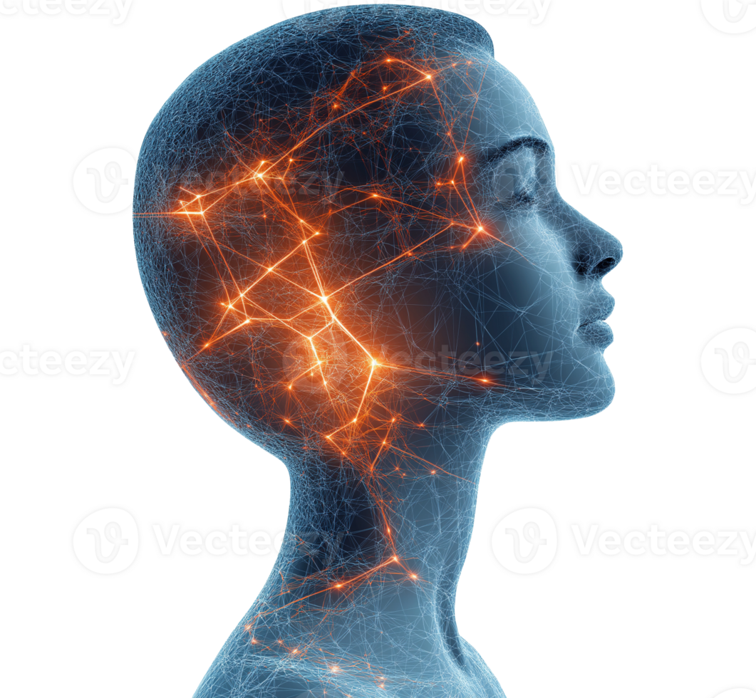 Digital neural network in female head image isolated transparent. Artificial intelligence, deep learning, human cognition cut out photo . Neurology physiology cutout photography png