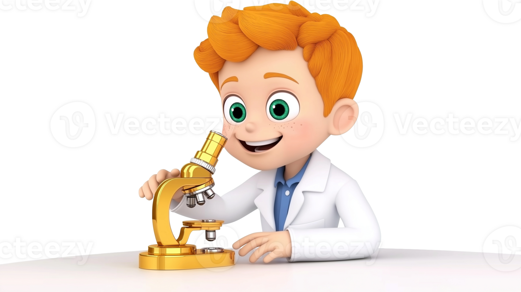 Curious young scientist boy in lab coat with microscope transparent image. Cartoon character isolated cutout 3d render. STEM education student kid cut out clipart design element png