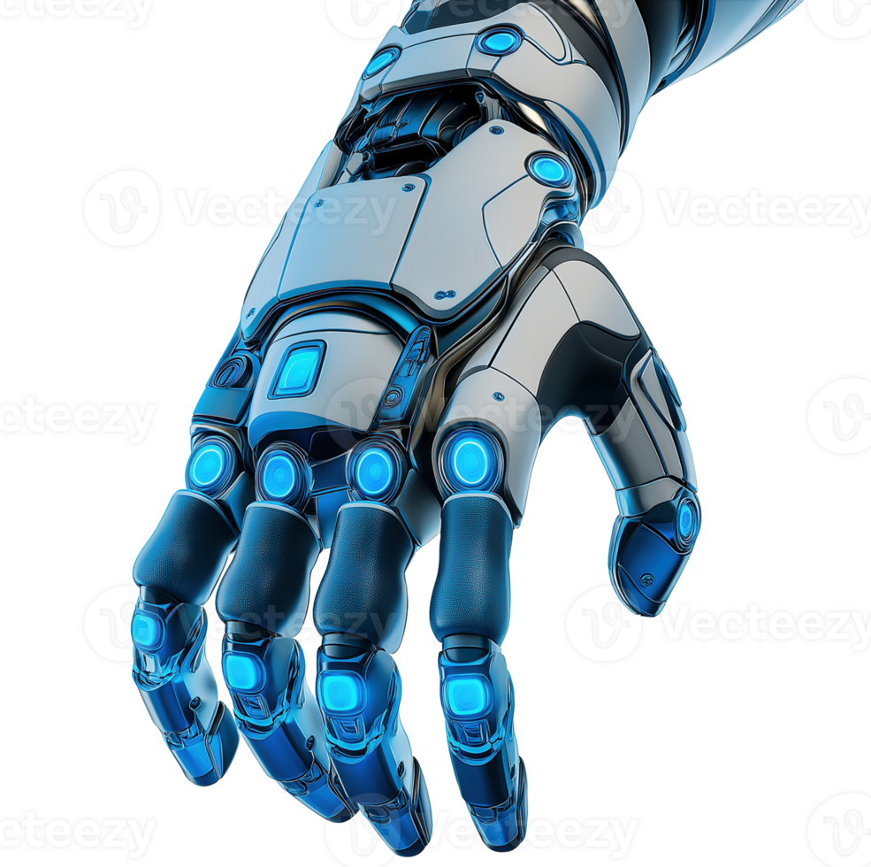 Advanced cybernetic robotic hand with blue neon image isolated transparent. Mechanical prosthetics cut out photo . Engineering robotics prosthesis cutout element object photography png