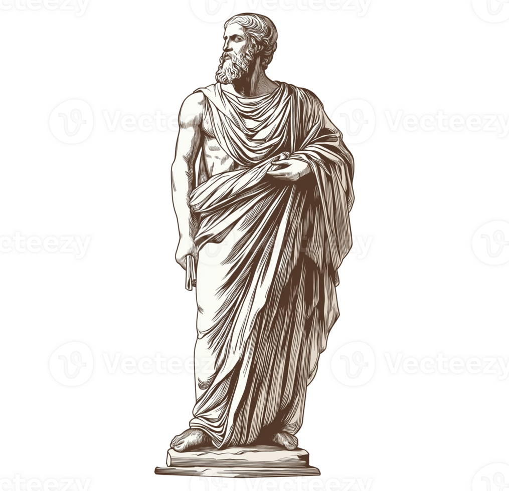 Engraving statue of ancient greek philosopher in flowing robe transparent image. Engraved historical figure isolated cutout. Vintage wise thinker cut out clipart design character png