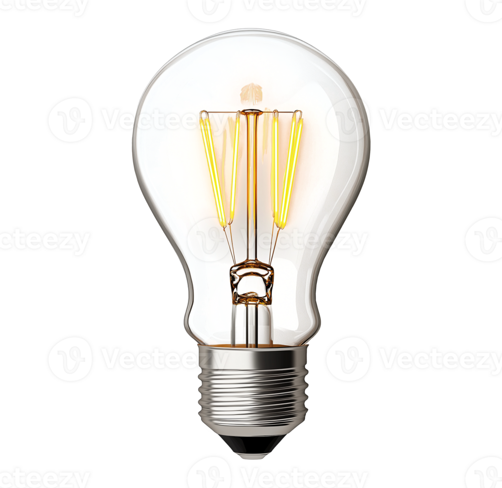 Vintage filament light bulb with warm glow image isolated transparent. Lightbulb incandescent lamp cut out photo . Electrical fixture. Energy source cutout element object photography png