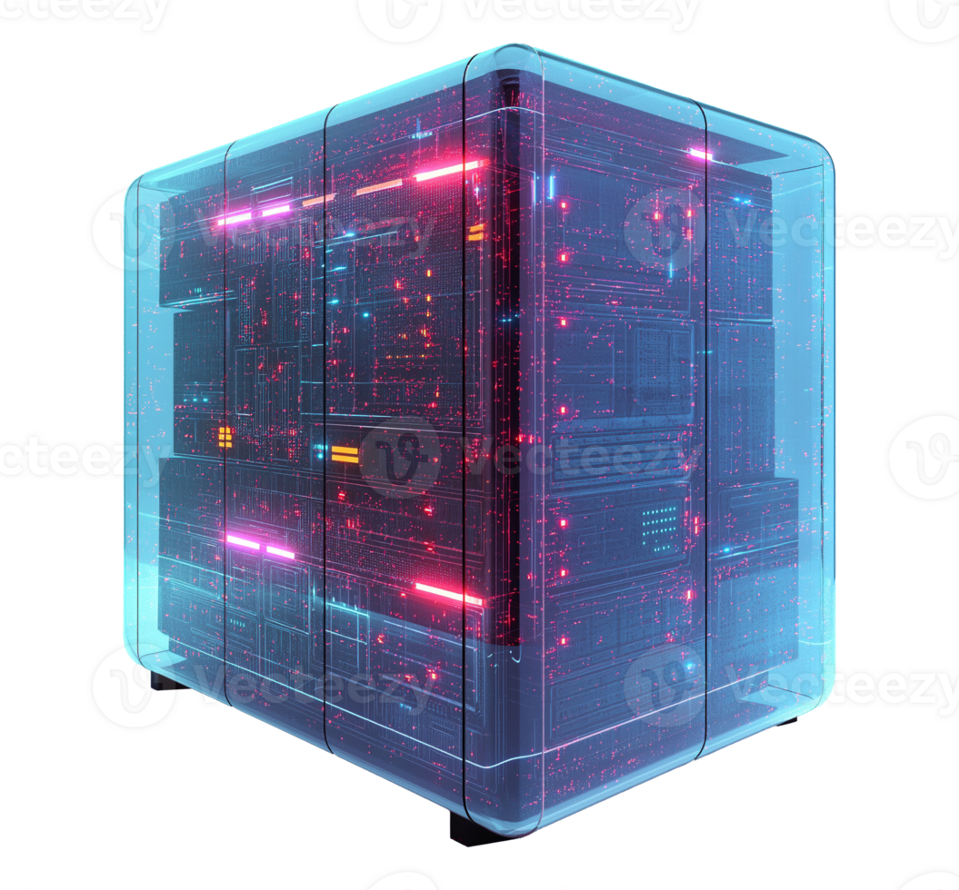 Futuristic quantum data server image isolated transparent. Digital storage illuminated neon circuits cut out photo . AI processing advanced computing cutout element object photography png