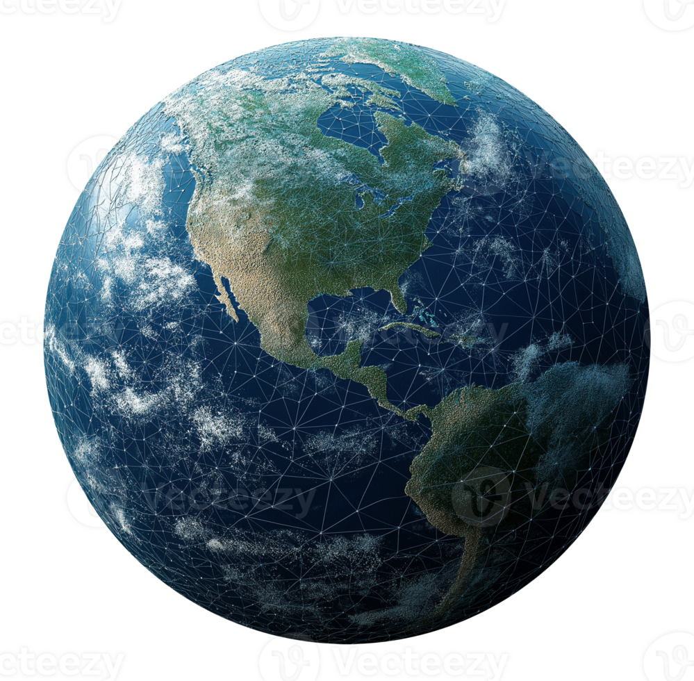 Earth planet with network connections grid overlay image isolated transparent. Global data digital connectivity cut out photo . Globe world map cutout element object photography png