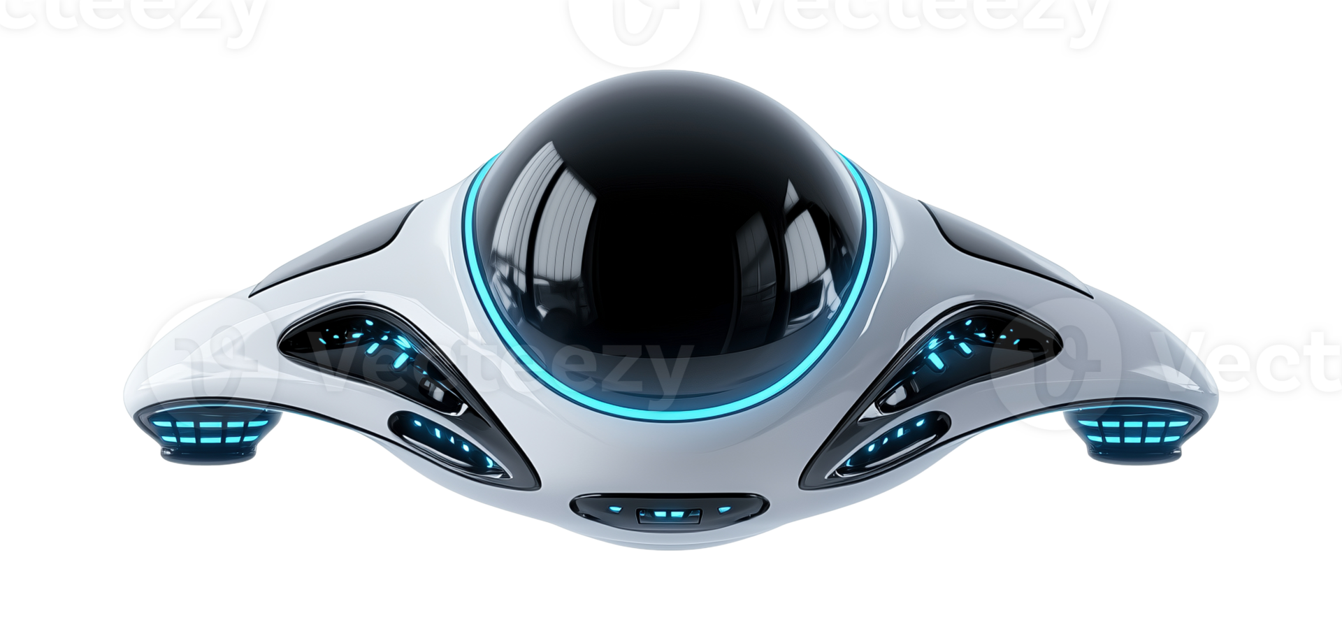 Futuristic white UFO with black dome image isolated transparent. Advanced spacecraft technology cut out photo . Unidentified extraterrestrial object cutout element photography png