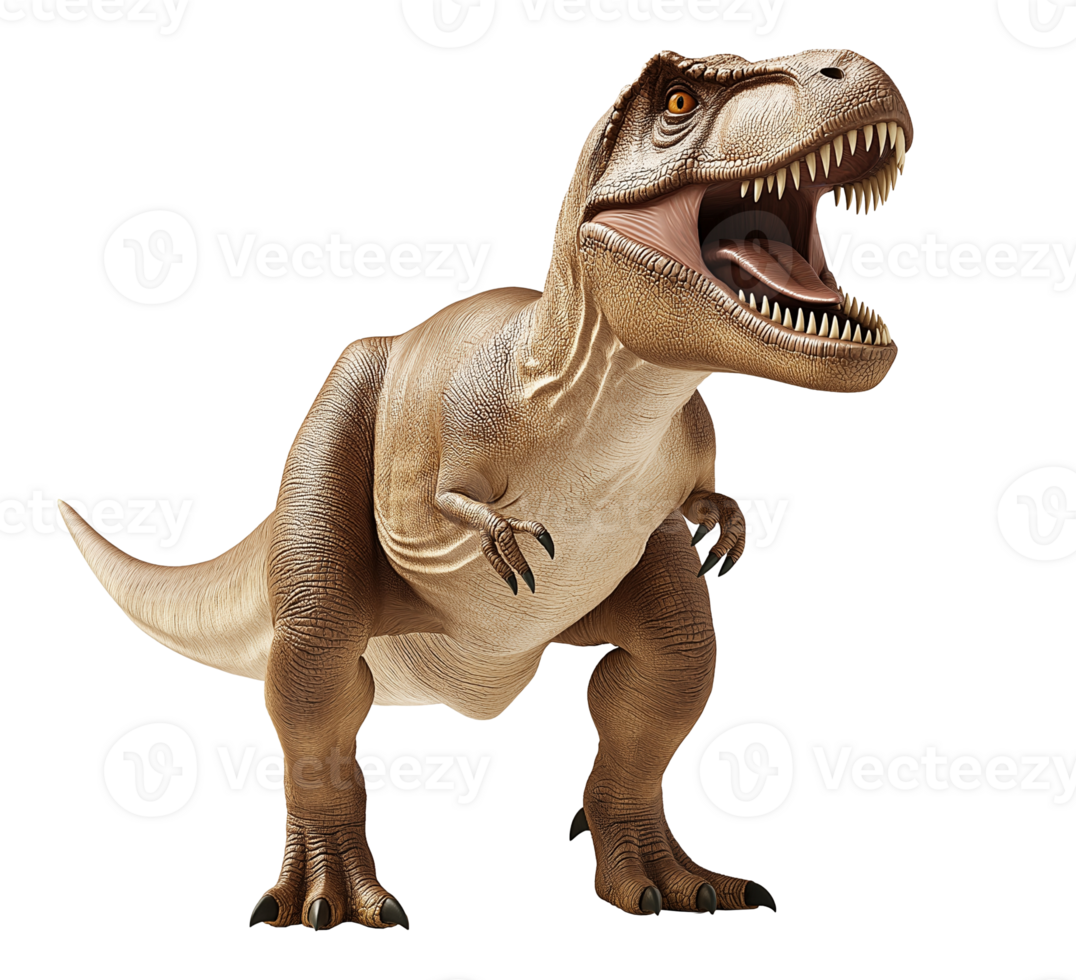 Realistic roaring tyrannosaurus rex in aggressive pose image isolated transparent. Prehistoric predator cut out photo . Jurassic ancient reptile cutout element object photography png