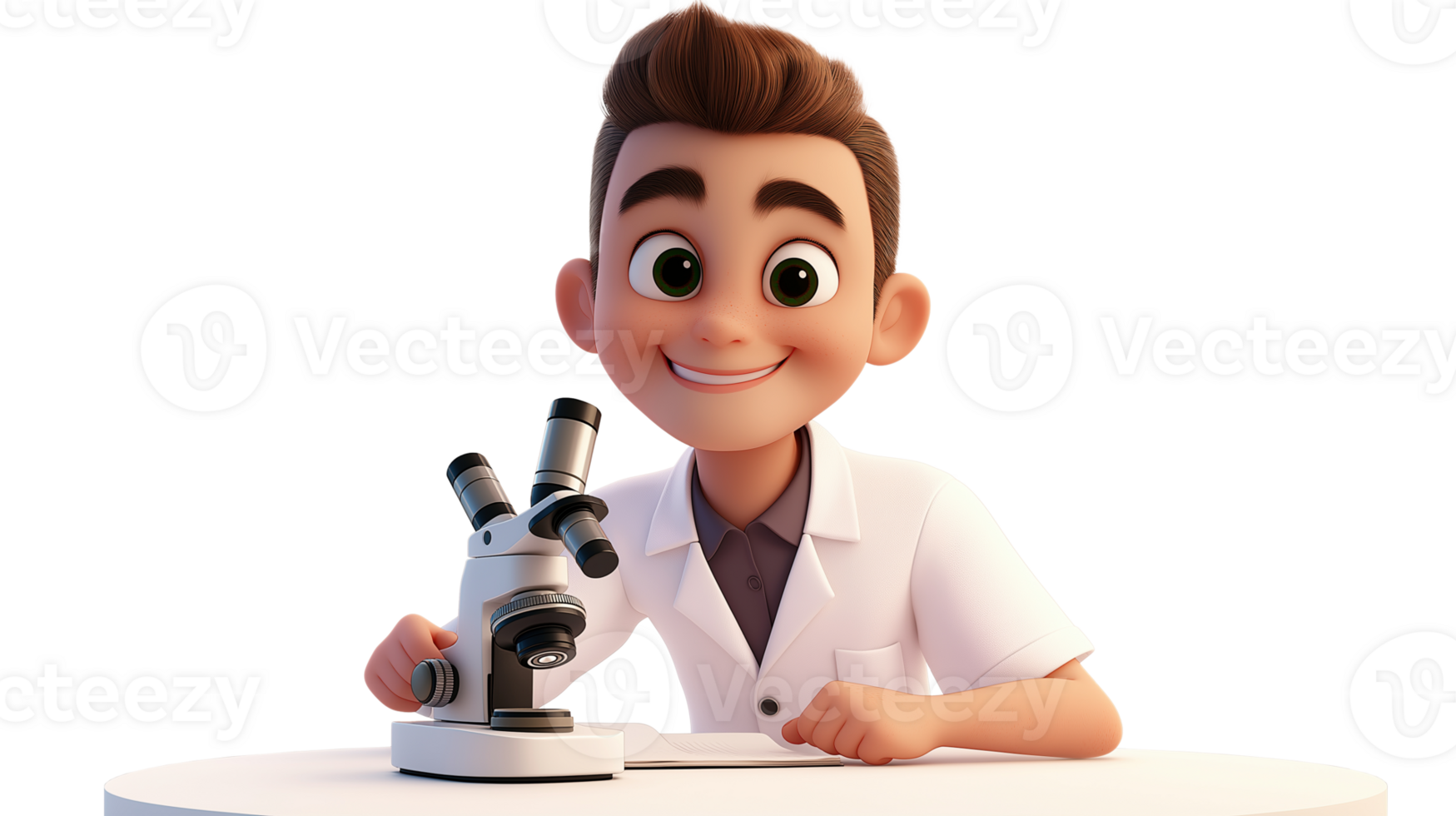 Cheerful young scientist with microscope transparent image. Curious boy in lab coat. Cartoon character isolated cutout 3d render. STEM education student kid cut out clipart png