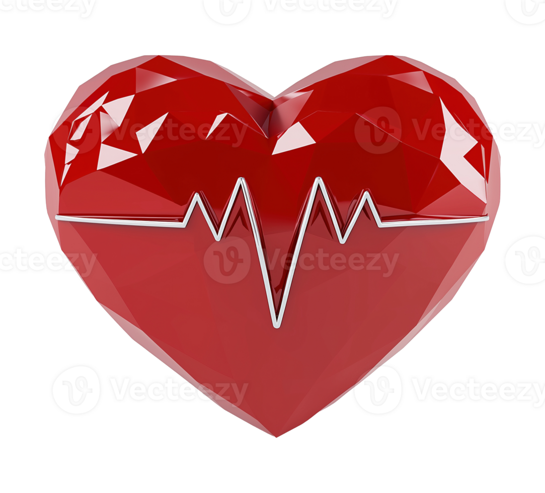 Polygonal red heart with ECG heartbeat line transparent image. Cardiology medicine pulse monitoring isolated cutout 3d render. Cardiovascular health cut out clipart design element png
