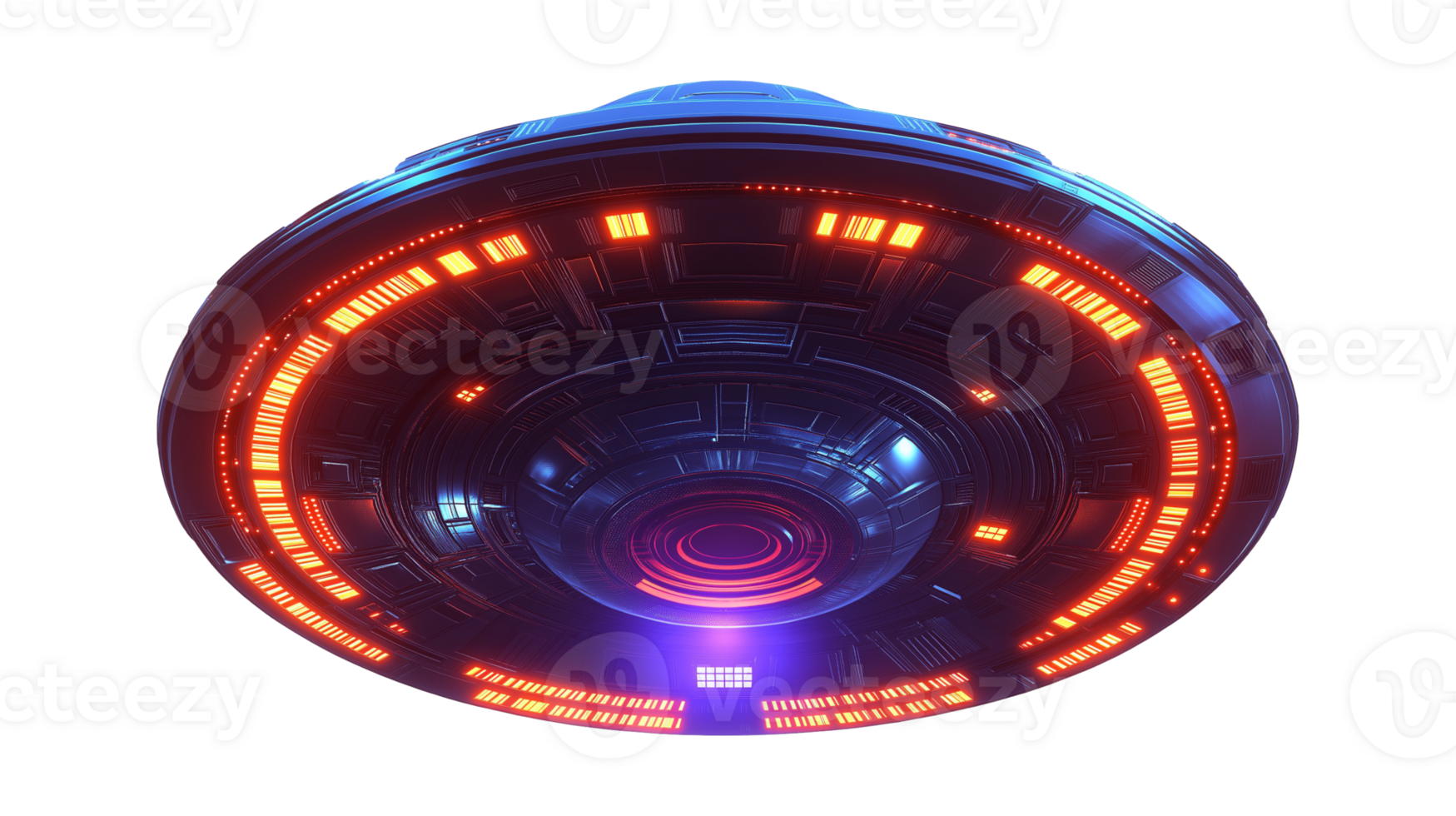 Glowing UFO with neon lights underside image isolated transparent. Advanced spacecraft cut out photo . Cosmic journey. Unidentified extraterrestrial object cutout element photography png