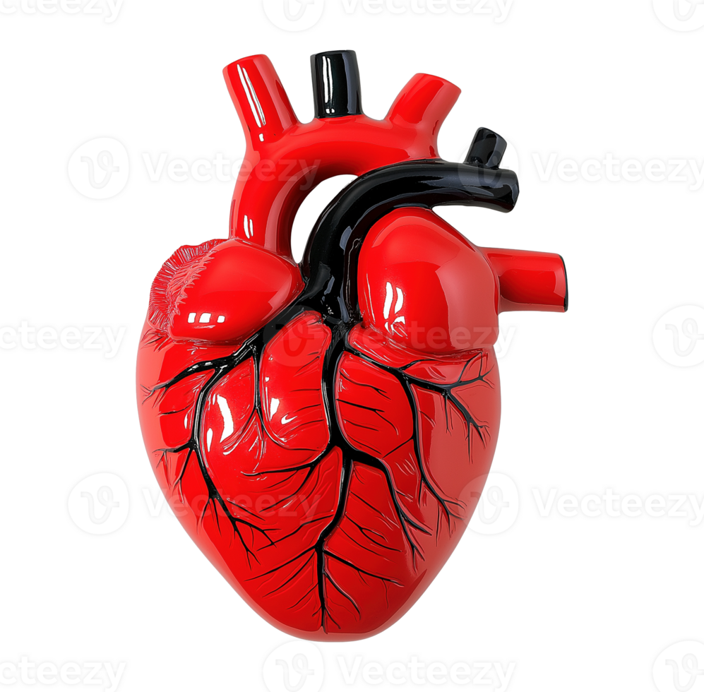 Stylized glossy red anatomical heart model with black veins transparent image. Cardiovascular structure isolated cutout 3d render. Medical study cut out clipart design element png