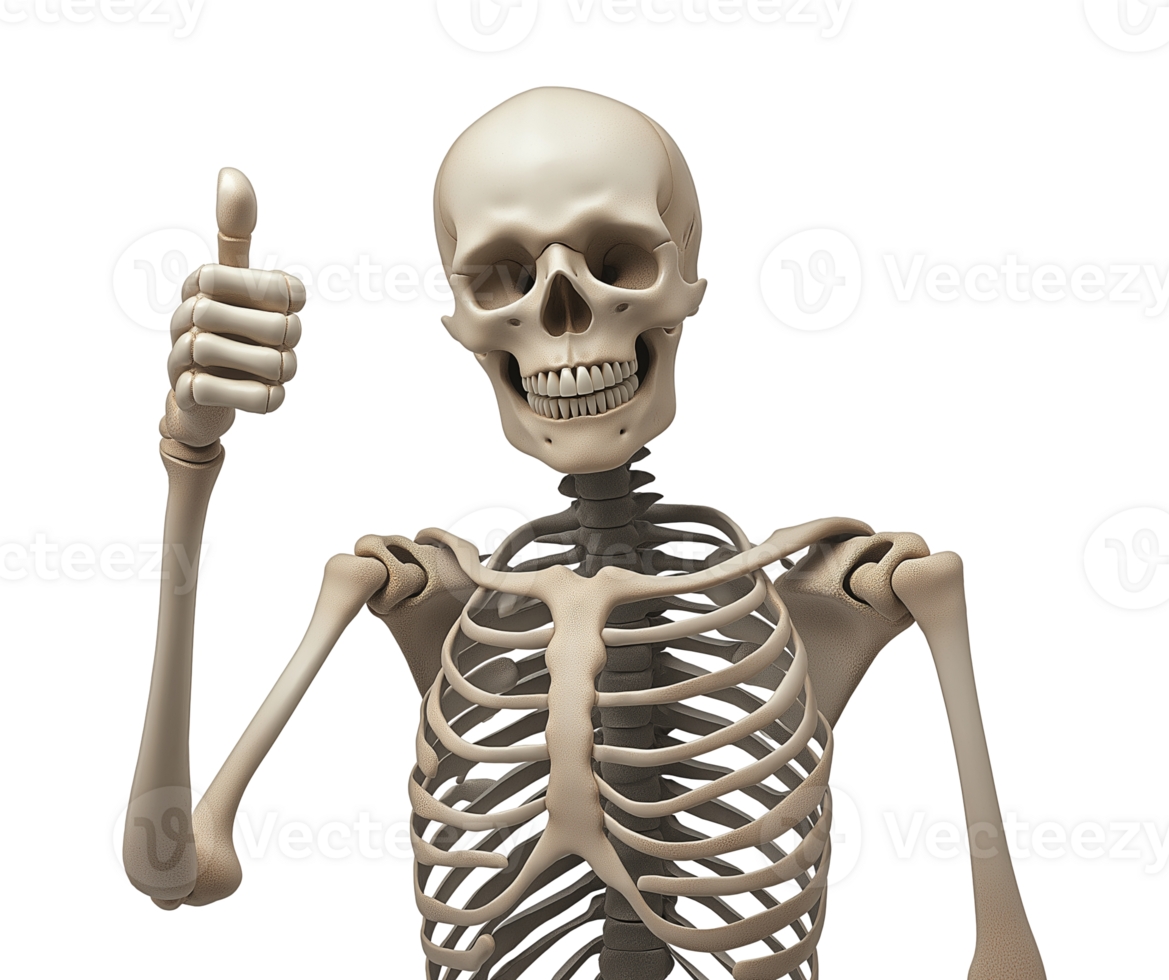 Anatomical skeleton giving positive thumb up transparent image. Smiling skull. Humorous anatomy isolated cutout 3d render. Skeletal gesture cut out clipart design element png