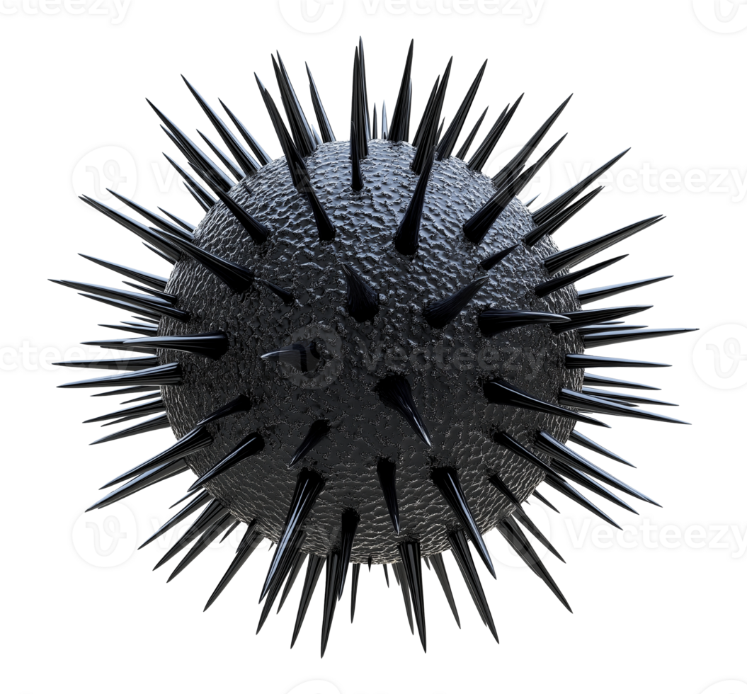 Black virus particle with sharp spikes transparent image. Microbiology visualization isolated cutout 3d render. Public health. Microscopic pathogen cut out clipart design element png