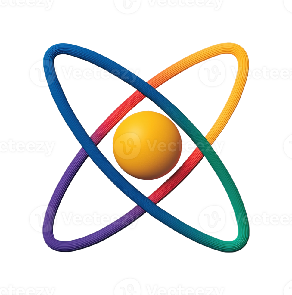 Colorful atomic model with electron orbits transparent image. Physics, quantum mechanics. Educational isolated cutout 3d render. Molecular science cut out clipart design element png