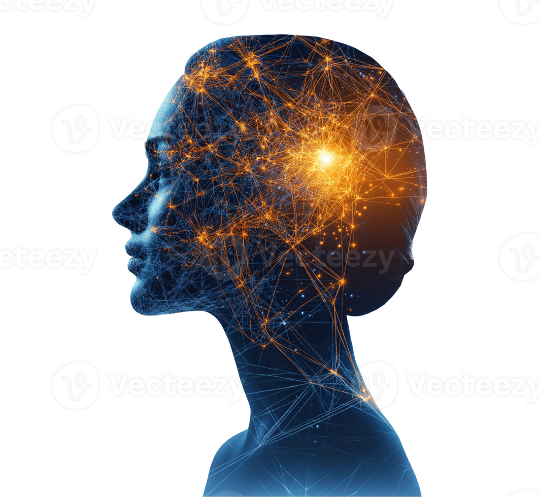 Female head profile with glowing neural connections image isolated transparent. Neuroscience, human virtual intelligence. Neurology physiology cutout photography png