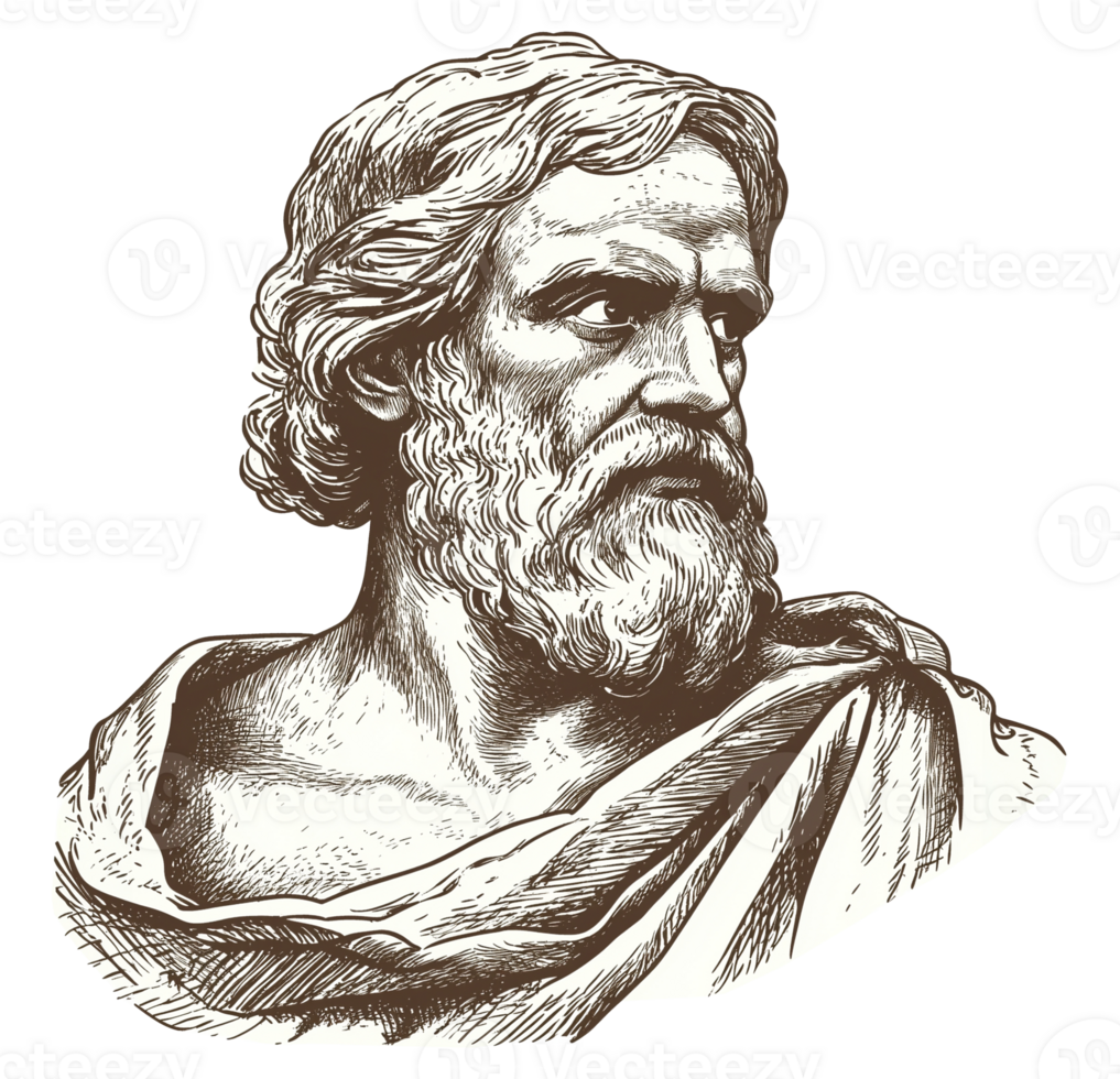 Classical bust of bearded ancient philosopher transparent image. Vintage engraving of historical scholar thoughtful gaze isolated cutout. Drawing cut out clipart design character png