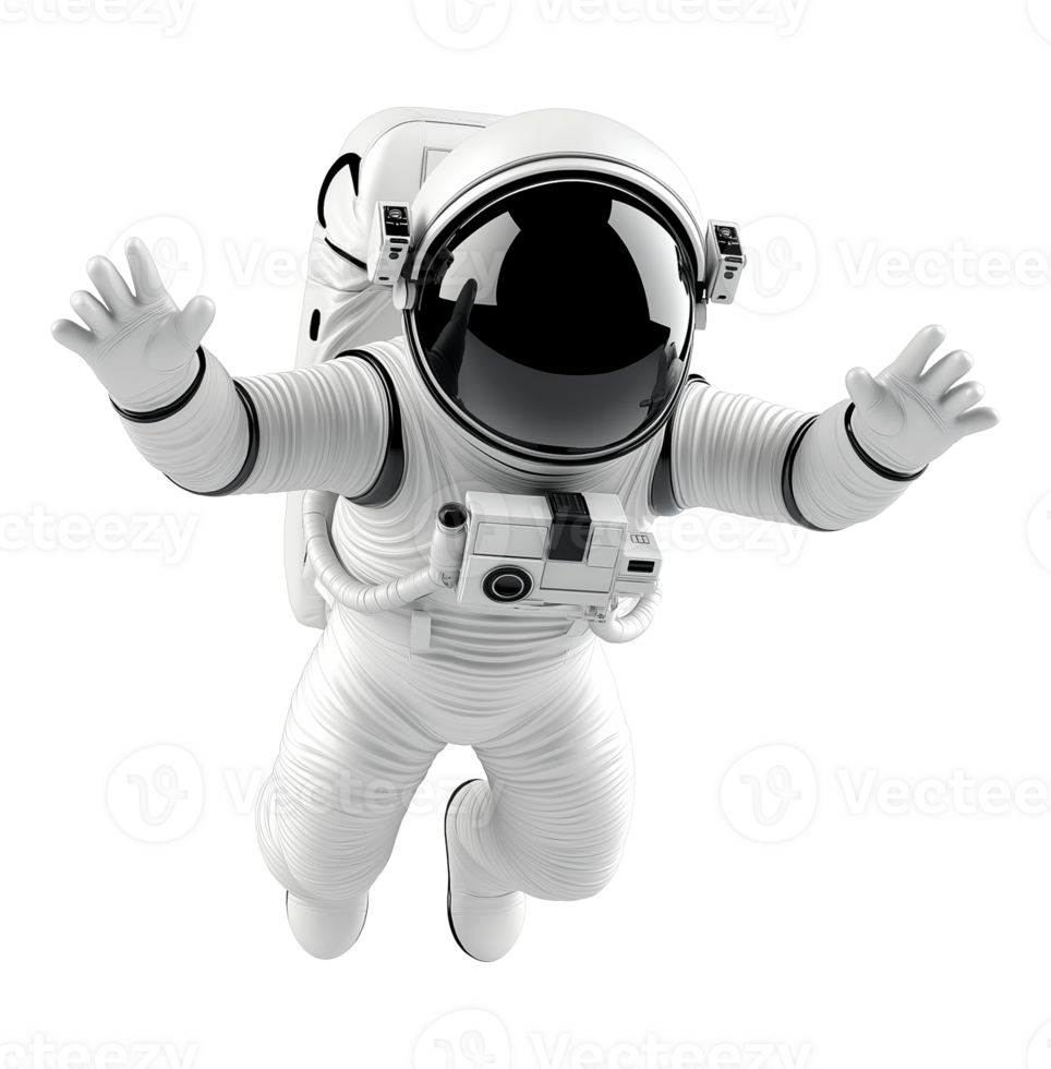 Cosmonaut reaching out in zero gravity transparent image. Floating astronaut mascot isolated cutout 3d render. Weightless spaceman in white spacesuit cut out clipart design character png