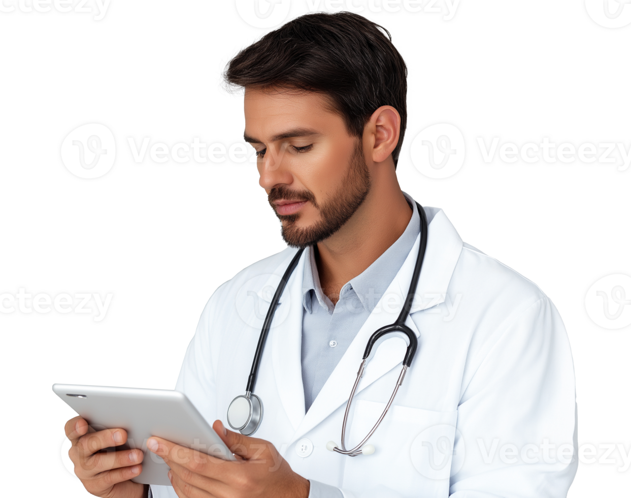 Caucasian male doctor using digital tablet image isolated transparent. Telemedicine expert physician assistant stethoscope man cut out photo . Healthcare provider cutout photography png