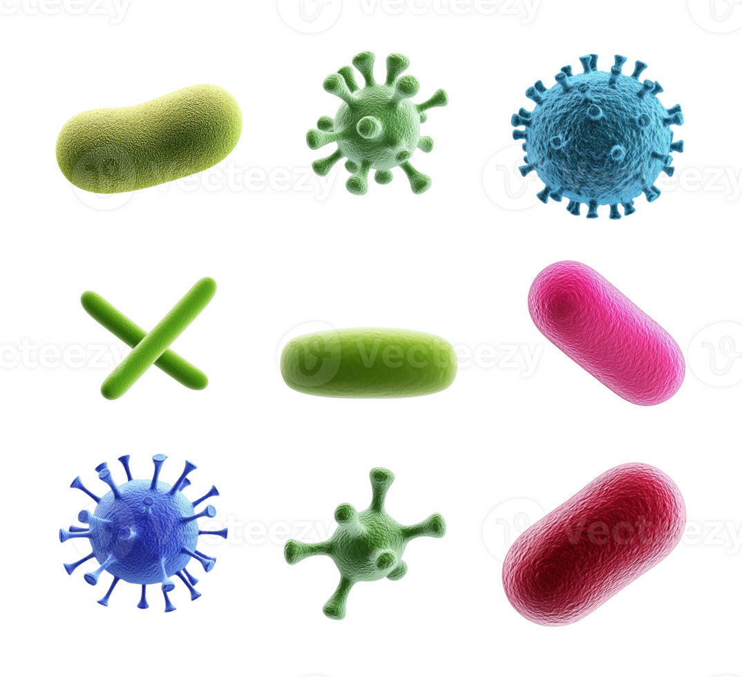 Viruses and bacterium in various shapes transparent image set. Medical science isolated cutouts 3d render. Microbiology virology cut outs cliparts design elements collection png