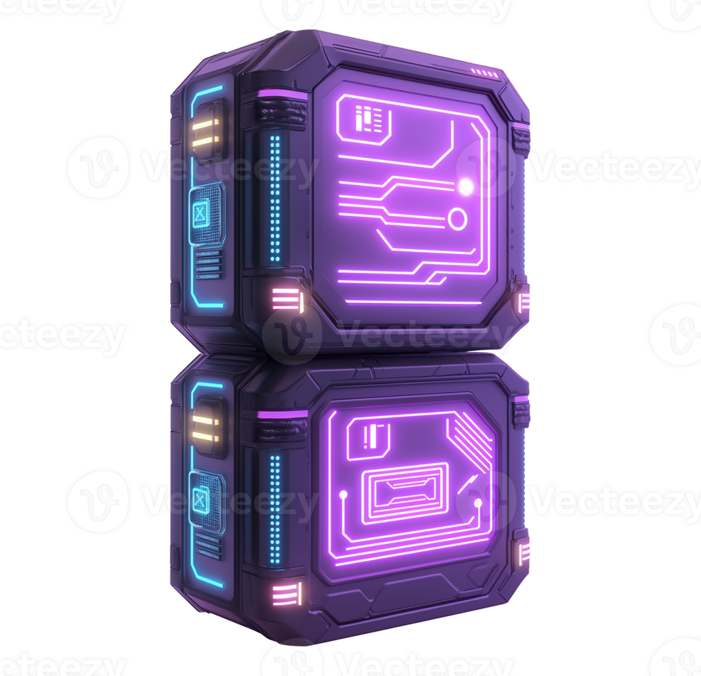 Futuristic neon data storage unit image isolated transparent. High-tech advanced AI computing. Digital security. Cyber technology cutout element object photography png