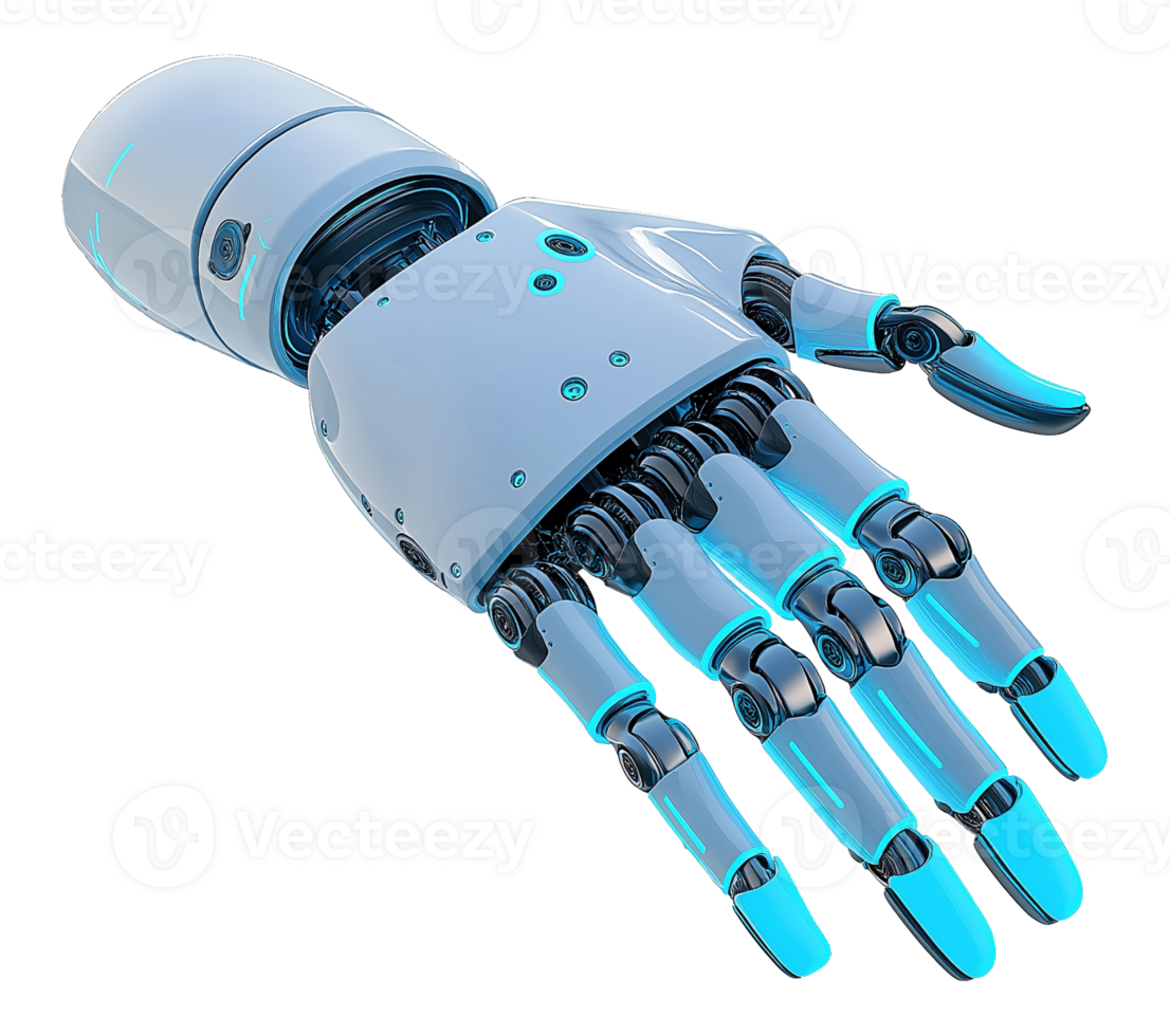 Cybernetic bionic hand with futuristic design image isolated transparent. Mechanical prosthetics. Advanced robotics prosthesis cutout element object photography png