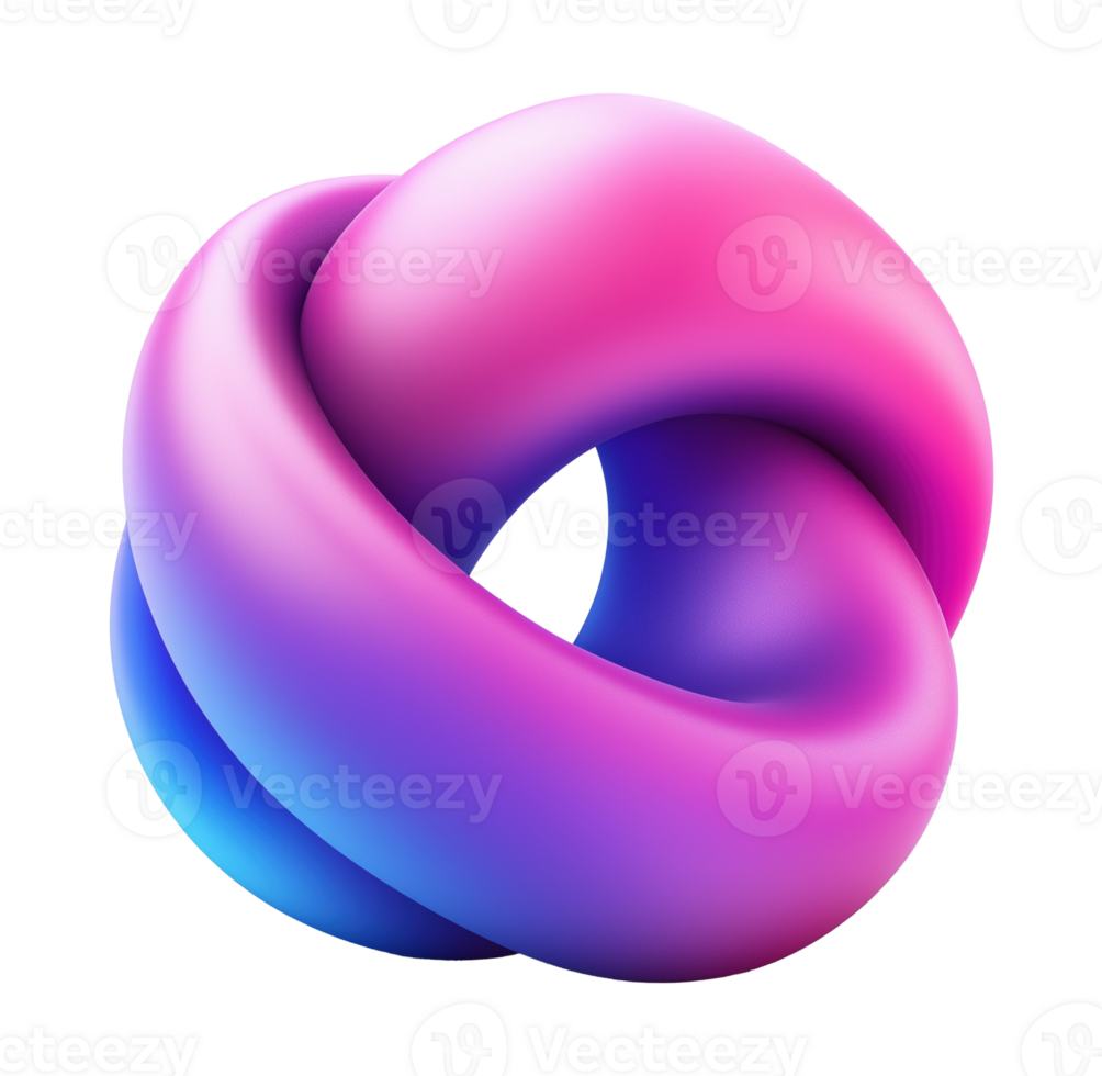 Smooth interwoven torus in vibrant gradient colors transparent image. Futuristic abstract sculpture isolated cutout 3d render. Surreal form cut out clipart design element png