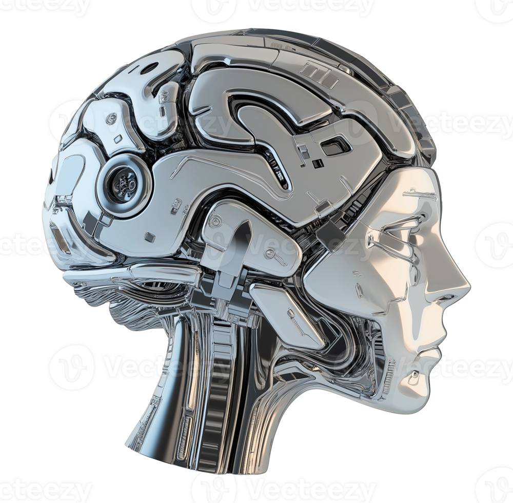 Cybernetic female head with futuristic implants image isolated transparent. Machine intelligence. Android robotic engineering cutout element object photography png