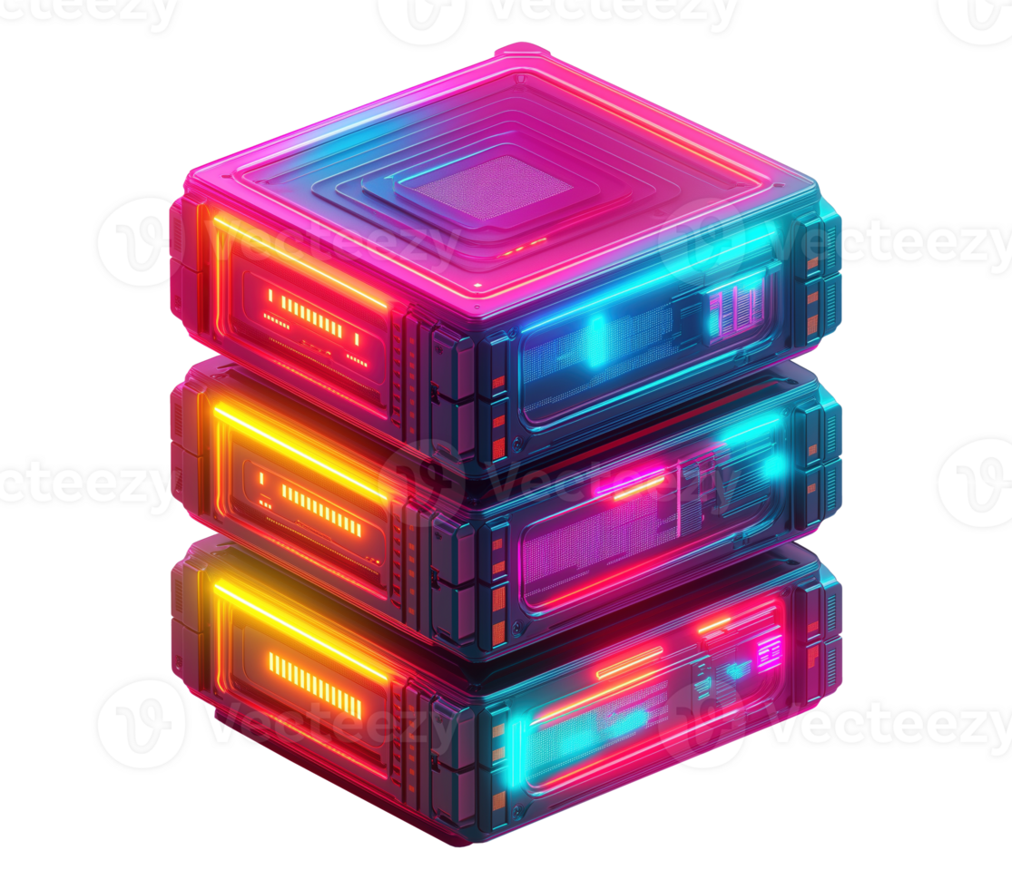 Cyberpunk neon data storage servers with glowing circuits image isolated transparent. Advanced processing technology. Cyber security cutout element object photography png
