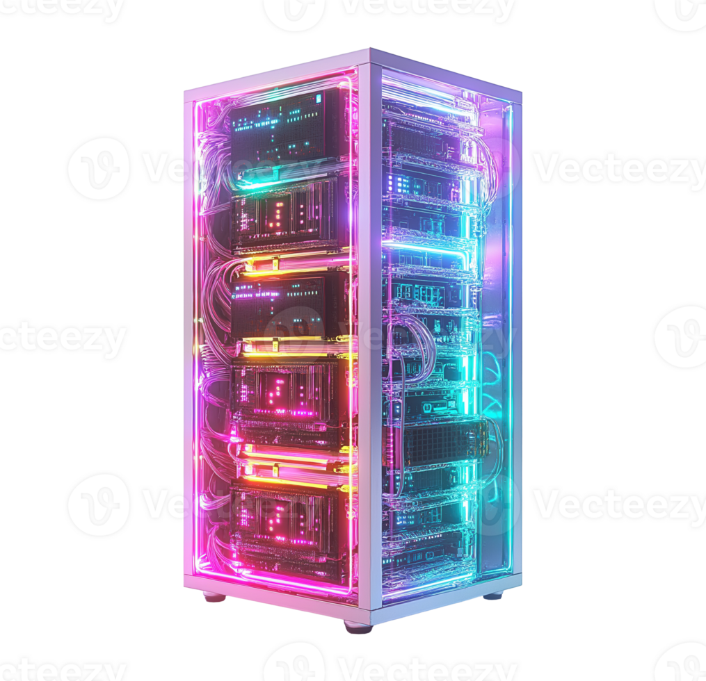 Neon-lit high-tech server rack image isolated transparent. Futuristic glowing digital infrastructure. Advanced data processing cutout element object photography png