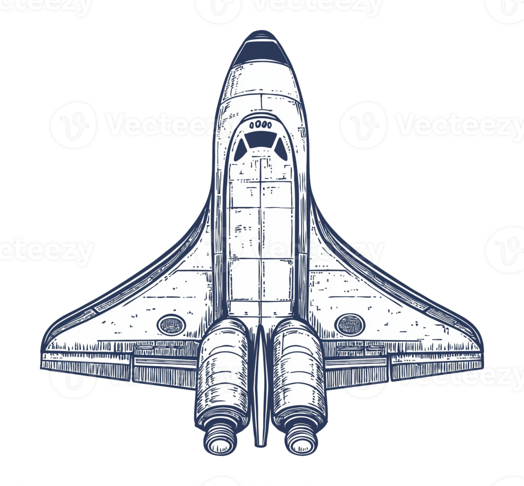 Monochrome blueprint-style space shuttle transparent image. Spacecraft isolated cutout. Vintage aeronautics. Technical drawing. Aviation sketch cut out clipart design element png