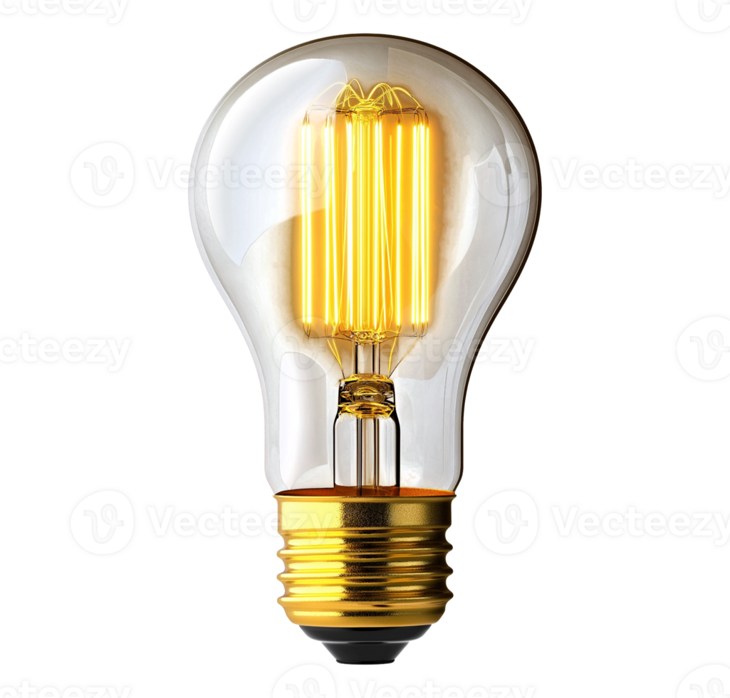 Golden base LED Edison bulb with warm light image isolated transparent. Glowing filament lightbulb. Vintage energy nostalgic lighting cutout element object photography png