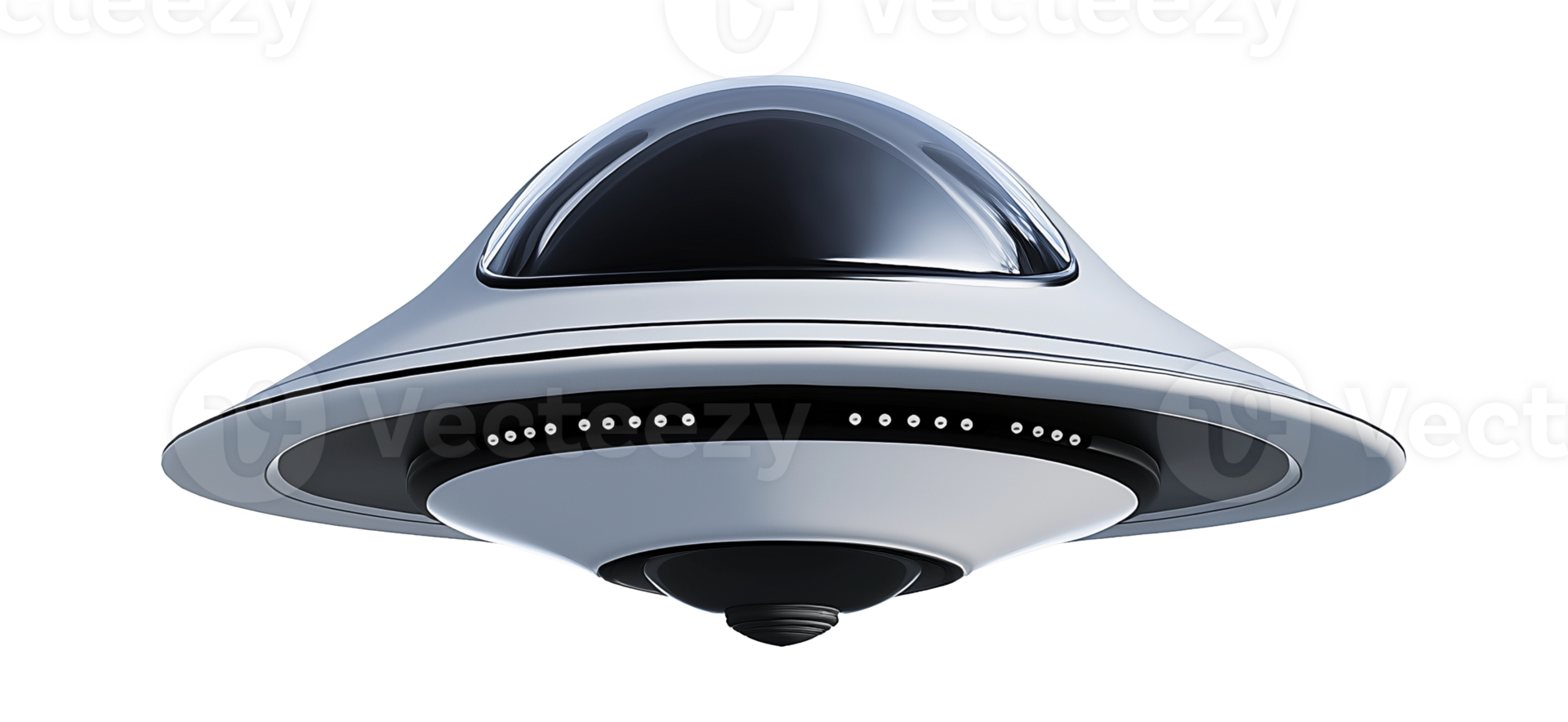 Sleek white UFO with black dome image isolated transparent. Hovering vehicle. Advanced spacecraft. Unidentified extraterrestrial object cutout element photography png