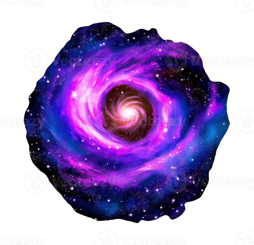 Vibrant purple swirling galaxy painting transparent image. Cosmic dust with scattered stars isolated cutout. Celestial vortex glowing core. Deep space cut out clipart design element png