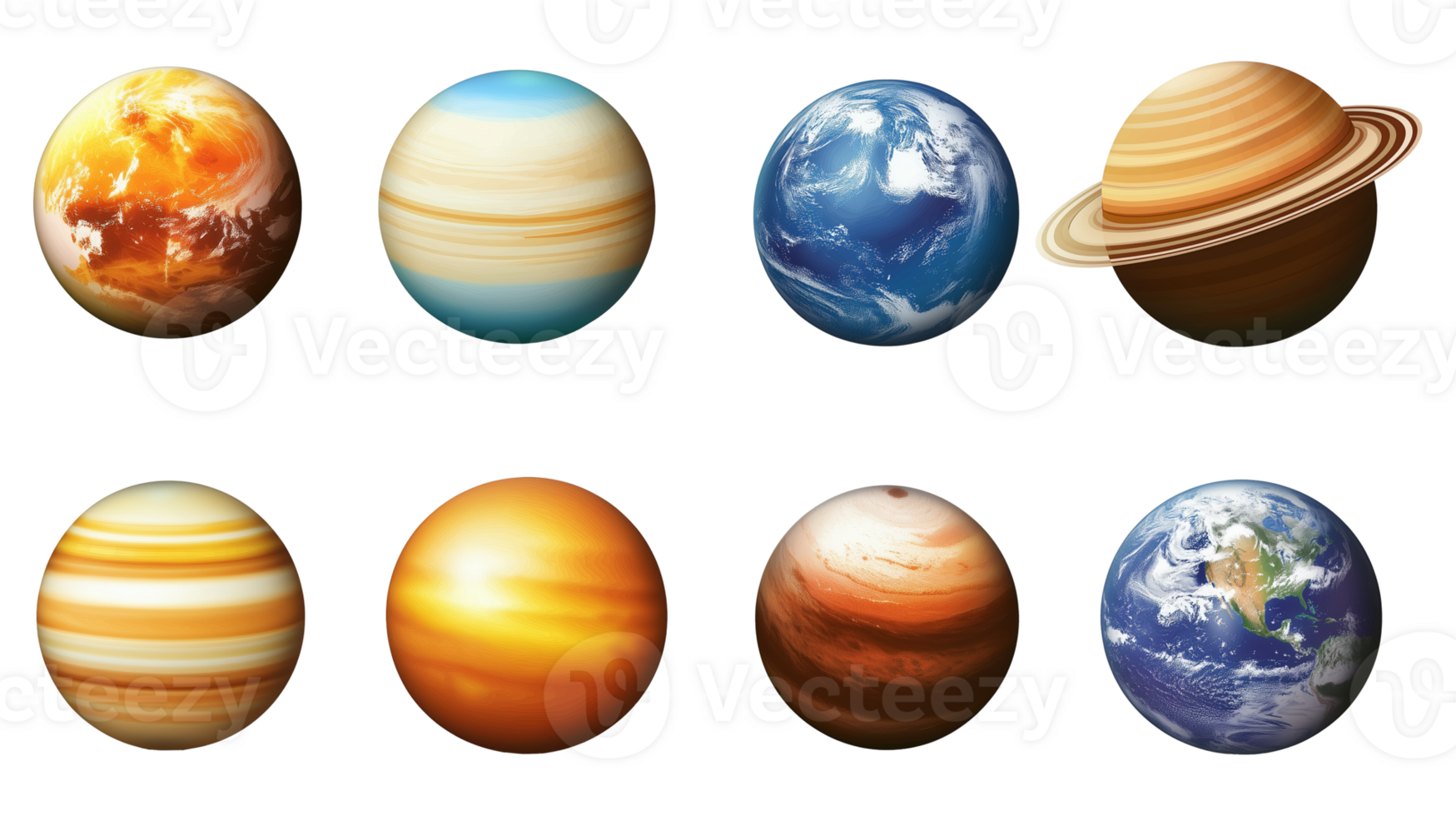 Realistic 3D planetary models in space image set isolated transparent. Earth, Saturn, gas giants. Celestial objects cut outs collection. Astronomy. Science cutouts elements png