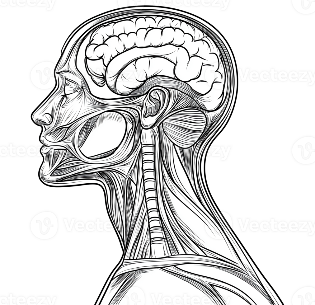 Line art anatomy of human head transparent image. Lineart anatomical brain, spinal cord, muscle structure isolated cutout. Medical side profile cut out clipart design element png