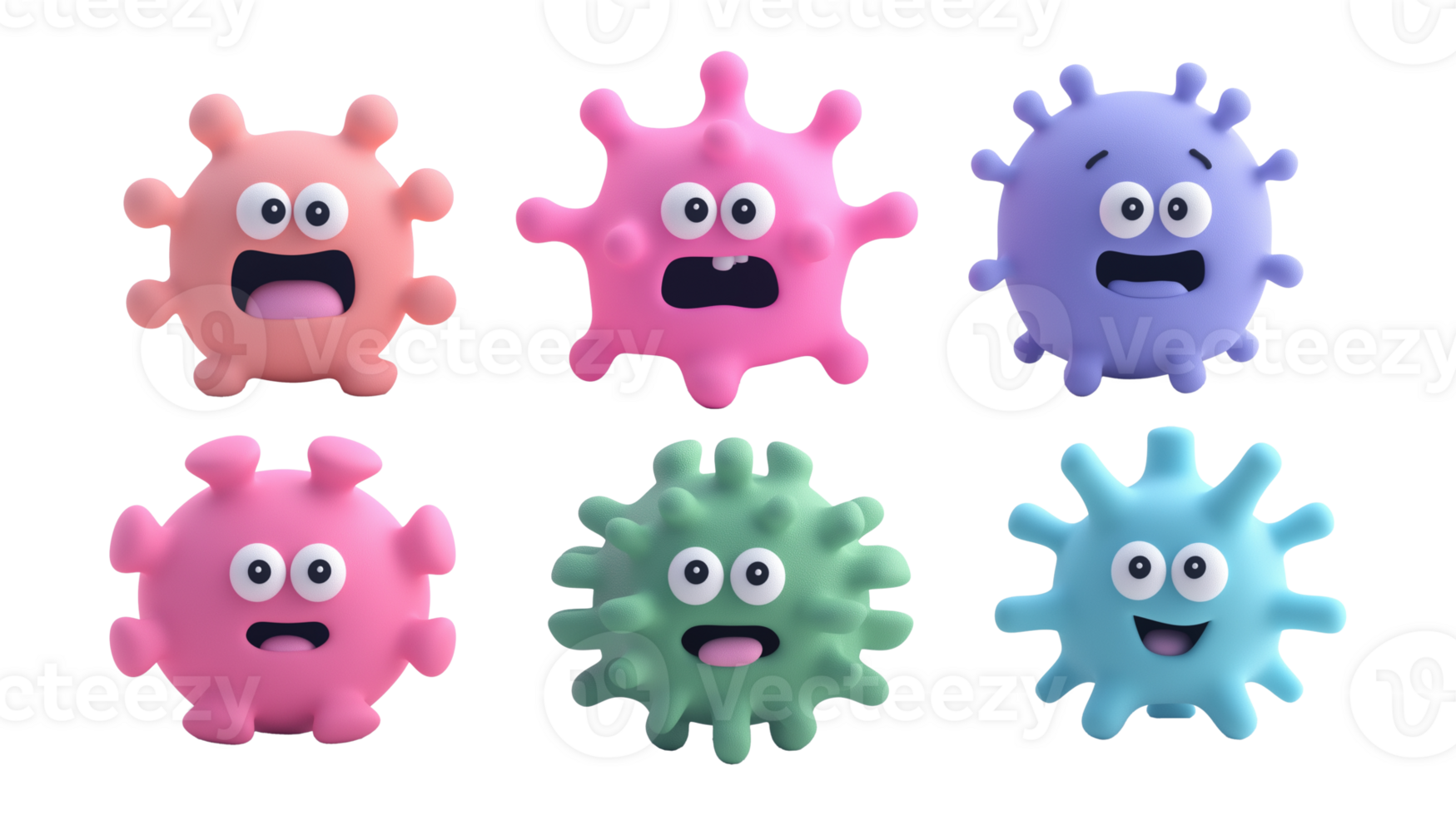 Expressive funny viruses characters transparent image set. Emotional microbes isolated cutouts 3d render. Microbiology, virology cut outs cliparts design elements collection png