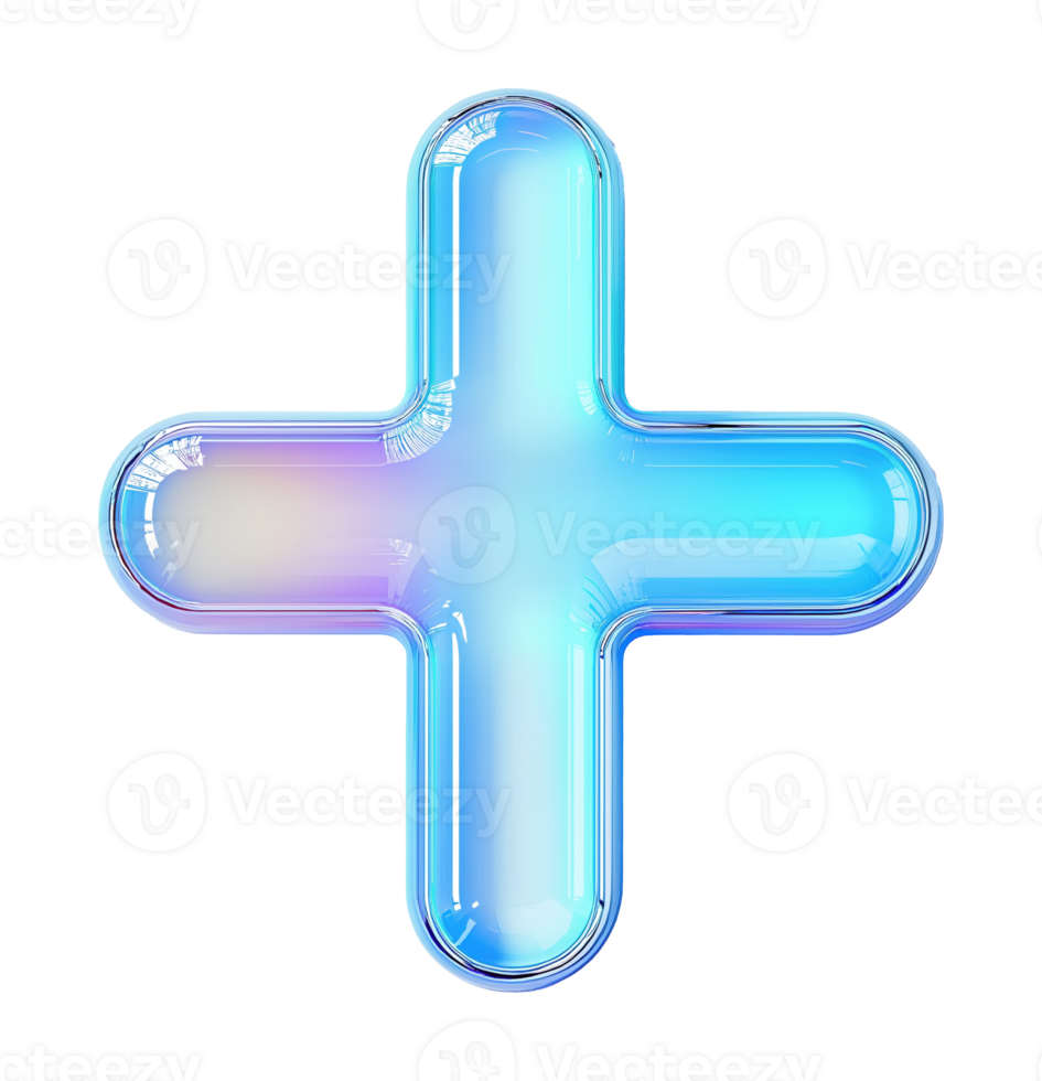 Futuristic glass plus symbol with holographic blue gradient transparent image. First aid emergency sign isolated cutout 3d render. Medical logo cut out clipart design element png