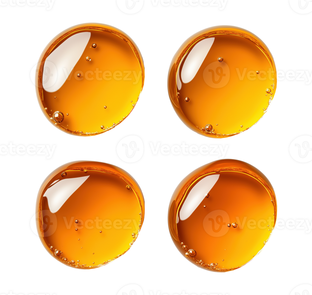 Four honey texture gel drops with air bubbles transparent image set. Liquid supplements isolated cutouts 3d render. Therapeutic oils cut outs cliparts design elements collection png