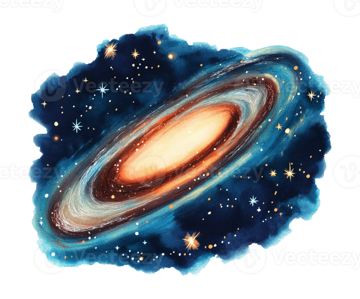 Watercolor galaxy with luminous core transparent image. Swirling star clusters and deep cosmic dust isolated cutout. Mystical universe. Space vortex cut out clipart design element png