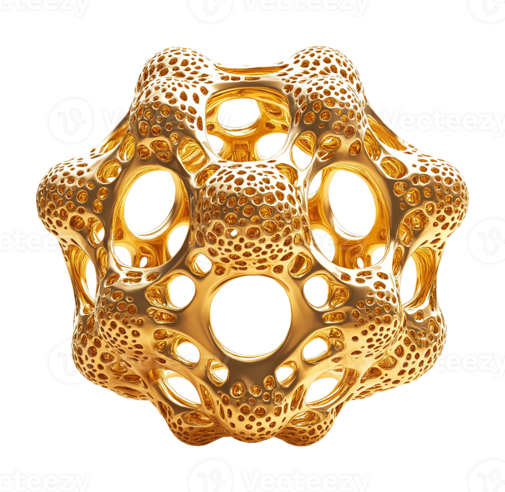 Gold nanostructure with perforated surface and organic design transparent image. Fractal geometry isolated cutout 3d render. Futuristic molecular cut out clipart design element png